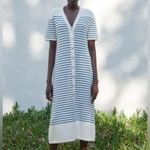 Zara Womens Knit Striped Short Sleeve V Neck Midi Dress Button Front Blue/White